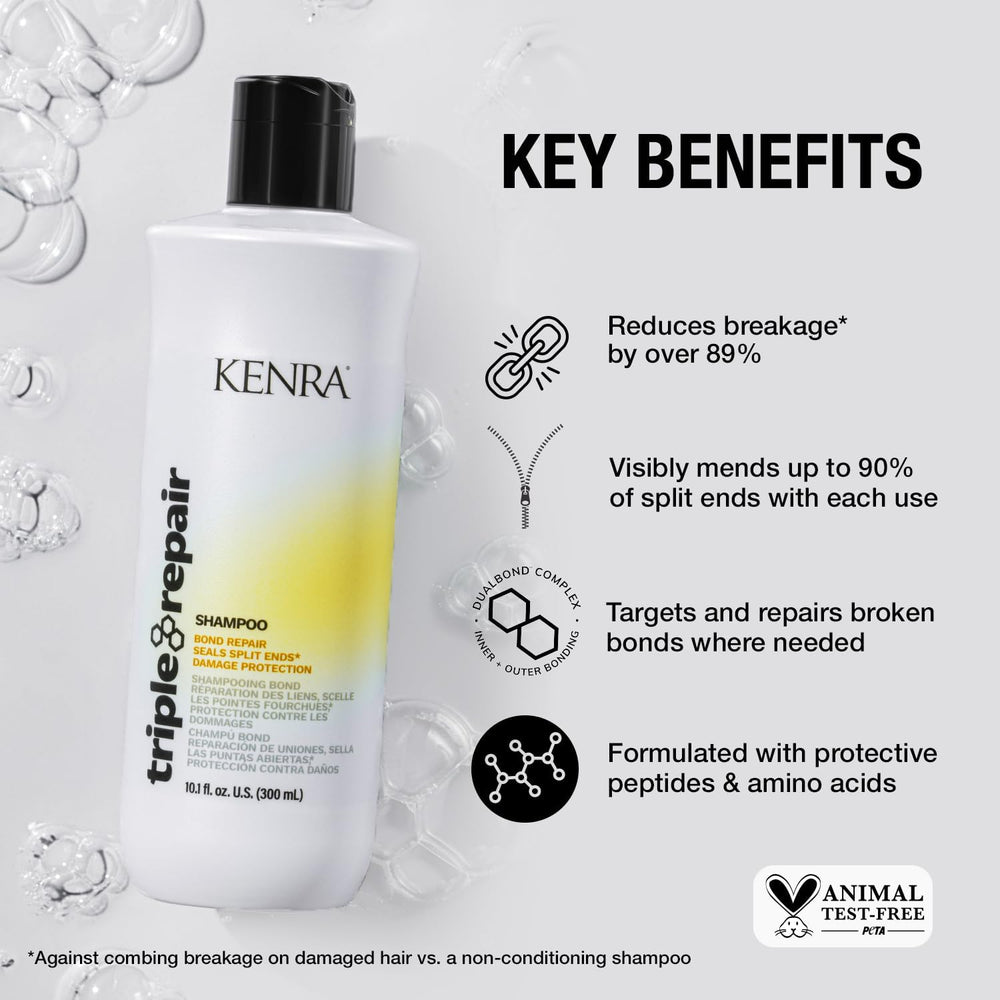 Kenra Triple Repair Shampoo cap closeup highlighting cuticle sealing benefits.