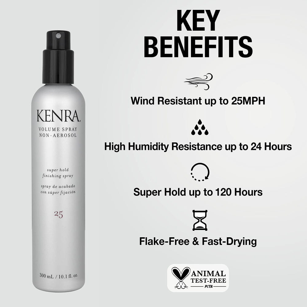 Kenra Volume Spray 25 mist on hair delivering quick-dry finish.