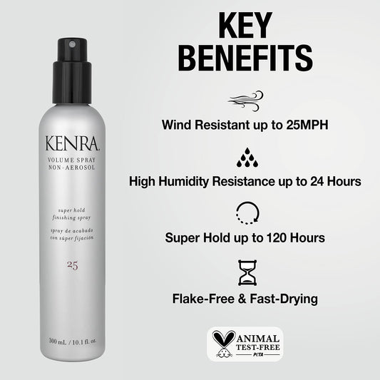 Kenra Volume Spray 25 mist on hair delivering quick-dry finish.