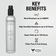Kenra Volume Spray 25 mist on hair delivering quick-dry finish.