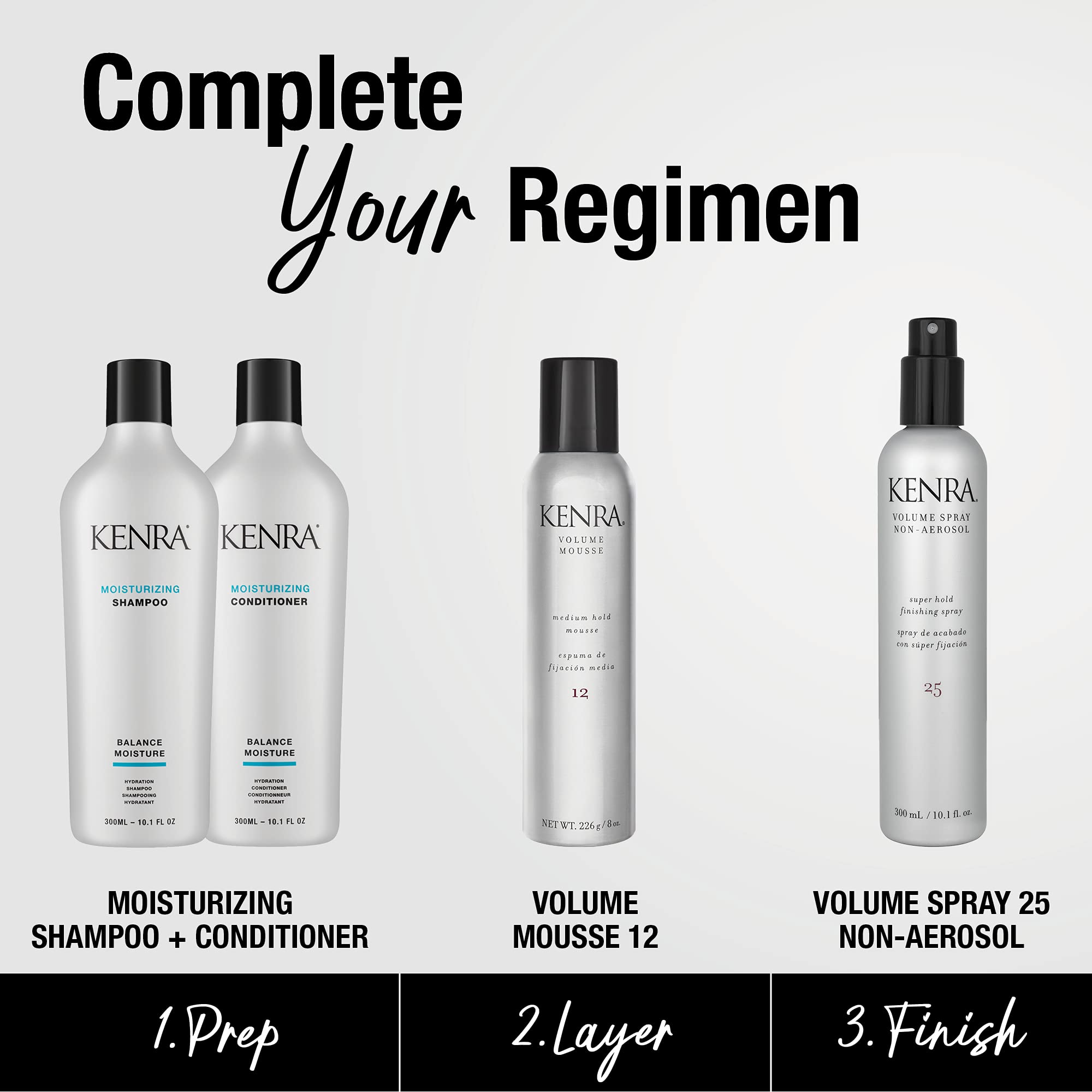 Kenra Volume Spray 25 finish adds high shine with humidity resistance.