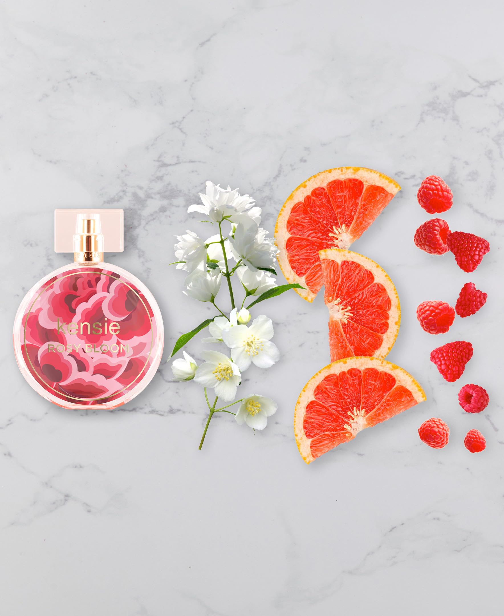 kensie Rosy Bloom bottle on vanity suggesting versatile, everyday scent for any occasion