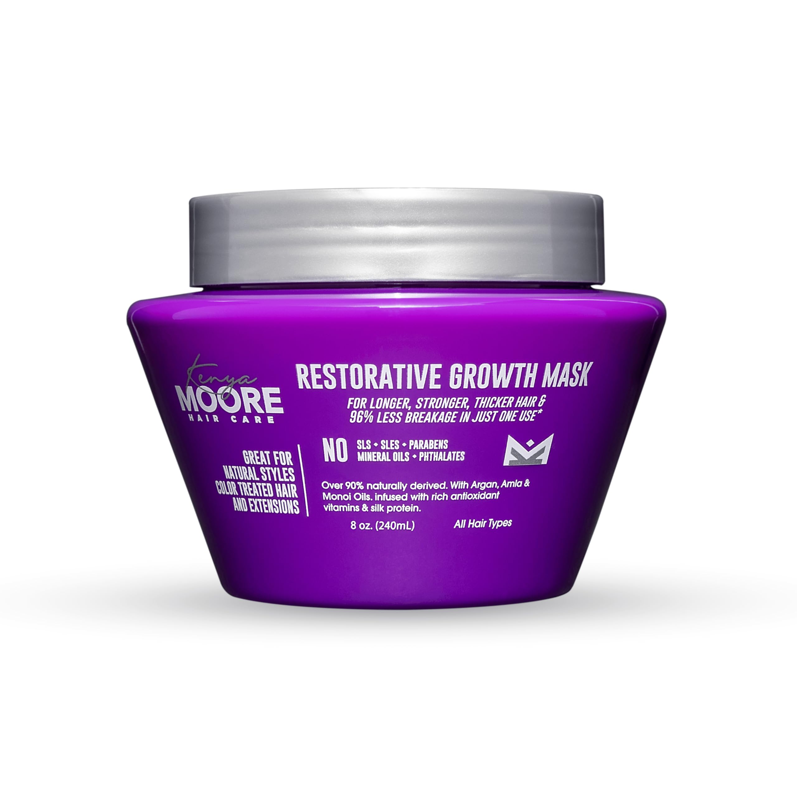 Kenya Moore Restorative Growth Mask bottle with nourishing formula for damaged hair.