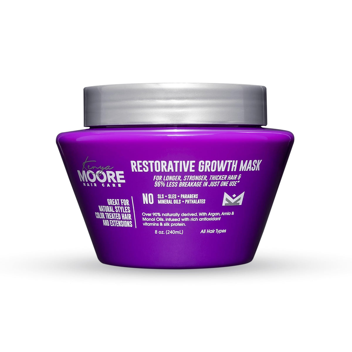Kenya Moore Restorative Growth Mask bottle with nourishing formula for damaged hair.