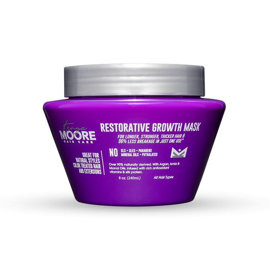 Kenya Moore Restorative Growth Mask bottle with nourishing formula for damaged hair.