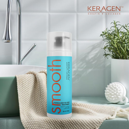 Keragen formaldehyde-free smoothing bottle promotes frizz control and silky results
