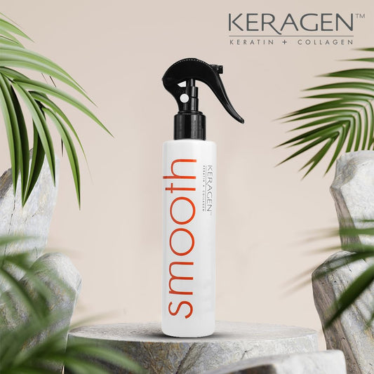KERAGEN bottle label highlights keratin and collagen blend for stronger-looking hair.