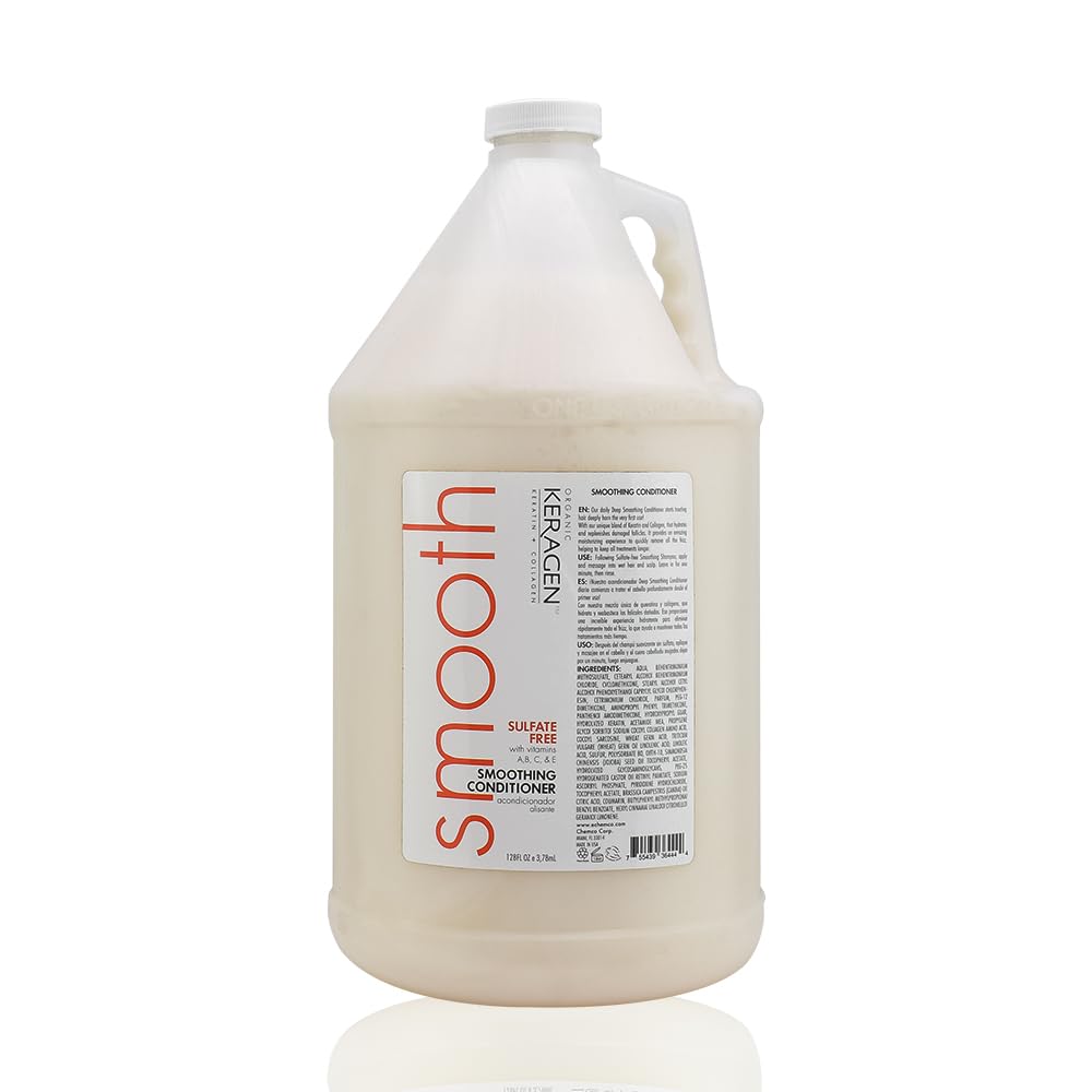 KERAGEN smoothing conditioner bottle promotes smoother, stronger hair with key keratin and collagen benefits.