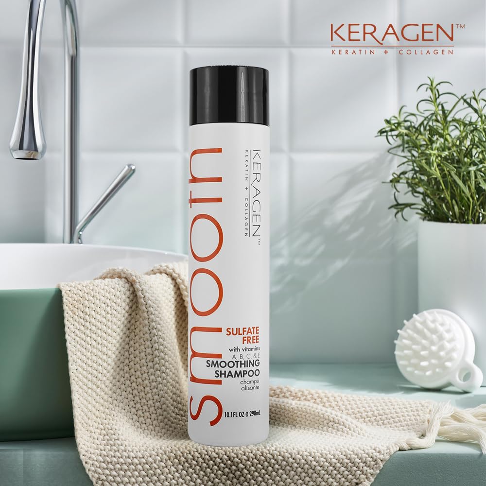 KERAGEN Smoothing Shampoo ingredients shot featuring panthenol for moisture