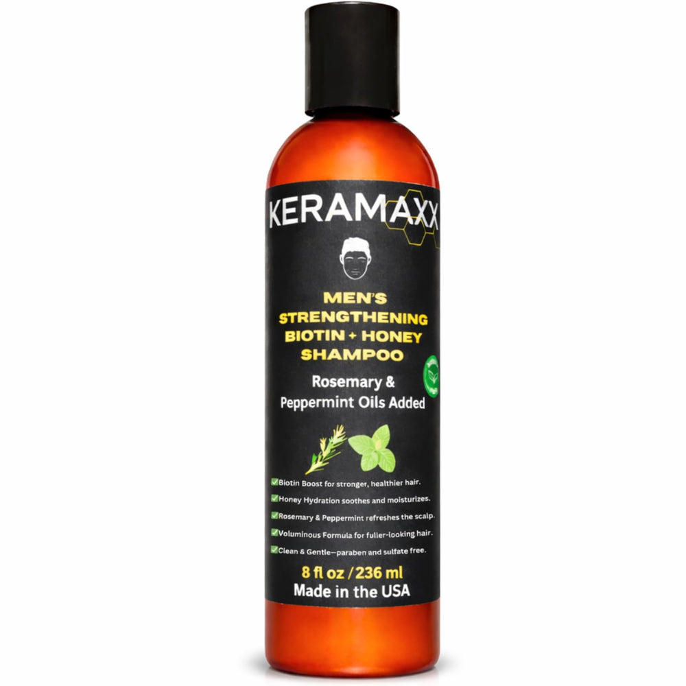 KERAMAXX Biotin + Honey shampoo bottle promotes daily thinning hair care and fullness.