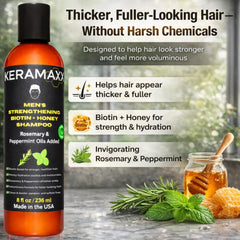 KERAMAXX Biotin + Honey label close-up signals fuller-looking hair.