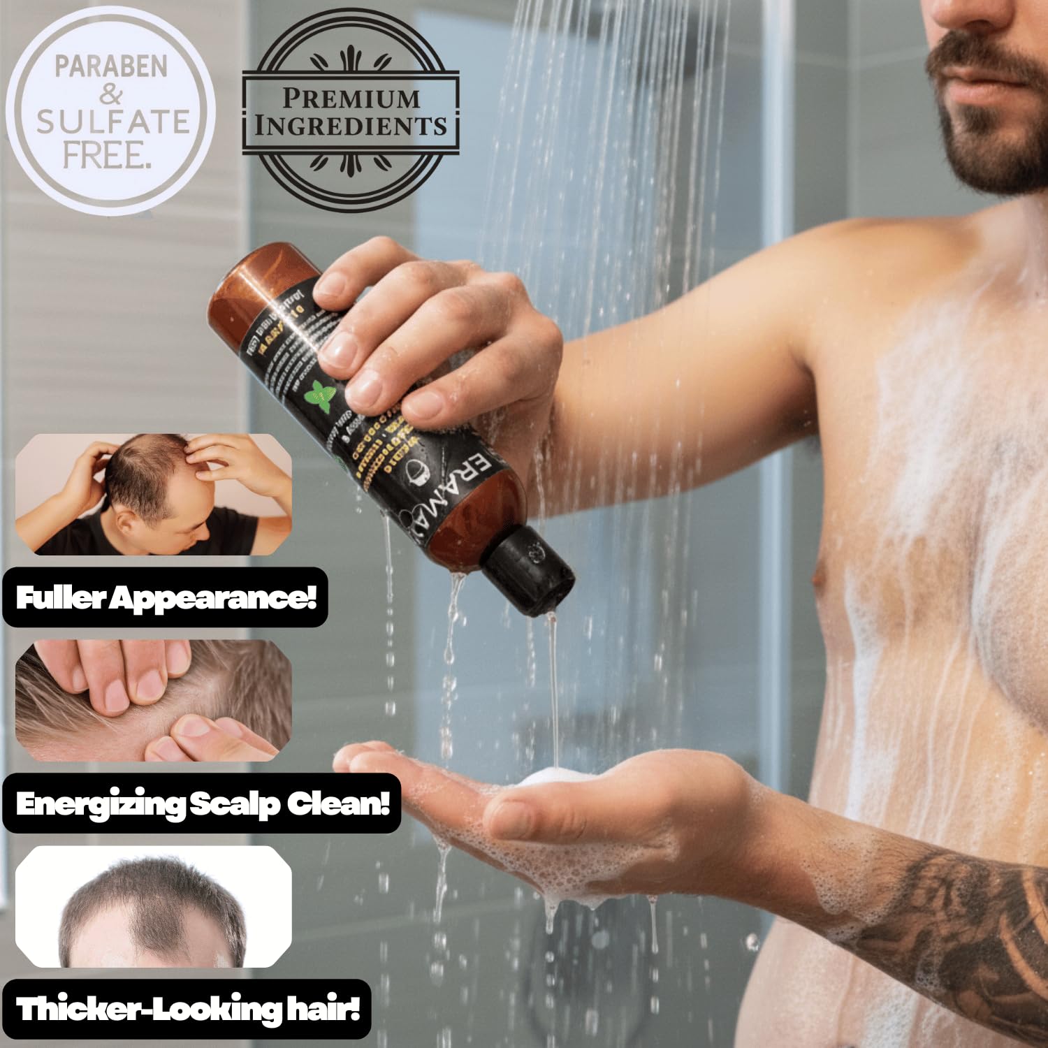 KERAMAXX lather on hair demonstrates lightweight cleansing and scalp refresh.