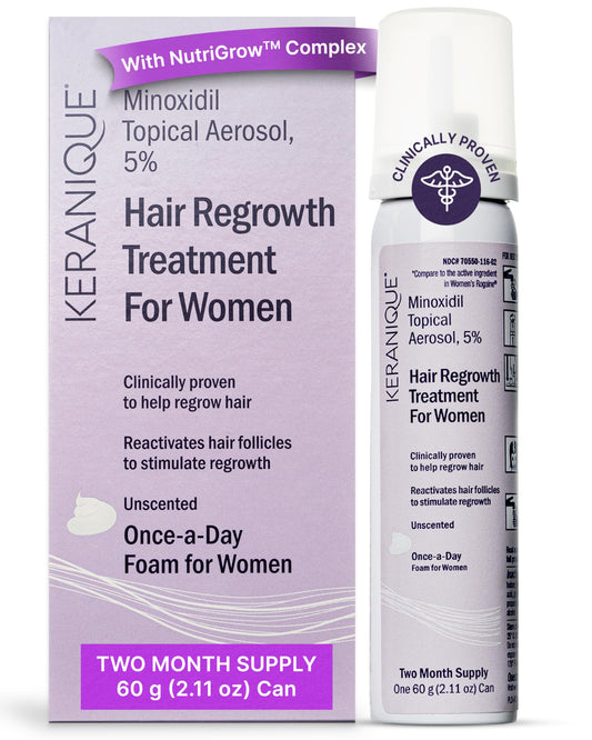 Keranique 5% Minoxidil foam bottle on a shelf for daily scalp care