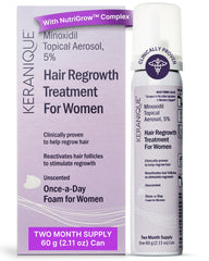Keranique 5% Minoxidil foam bottle on a shelf for daily scalp care