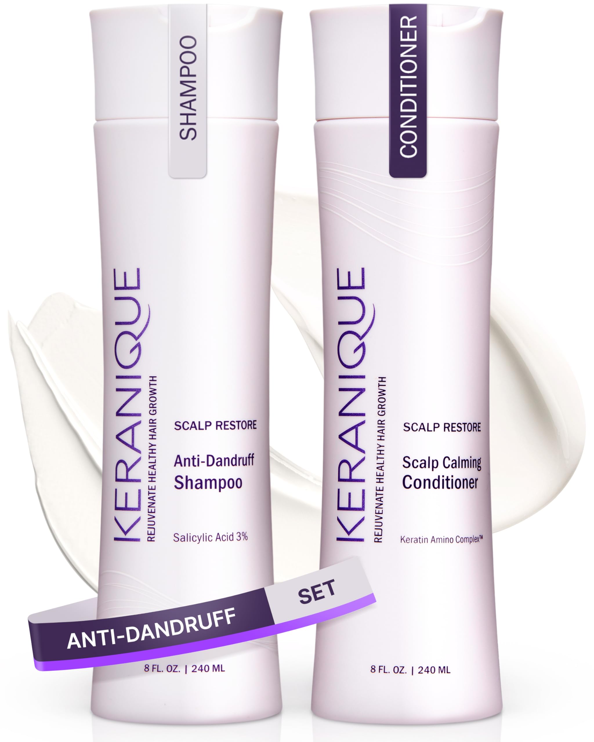 Keranique anti-dandruff shampoo bottle showing scalp relief and refreshed hair.