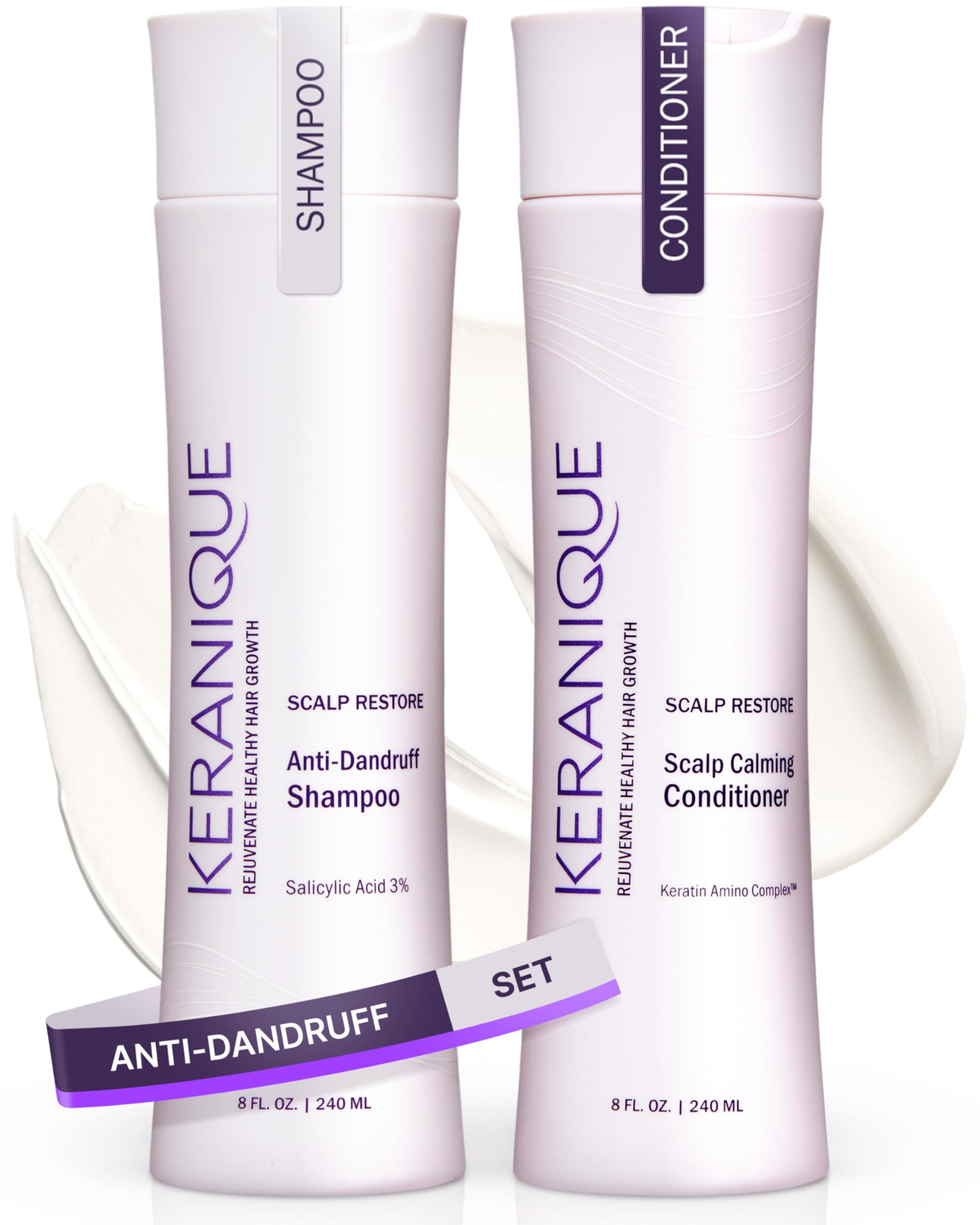 Keranique anti-dandruff shampoo bottle showing scalp relief and refreshed hair.