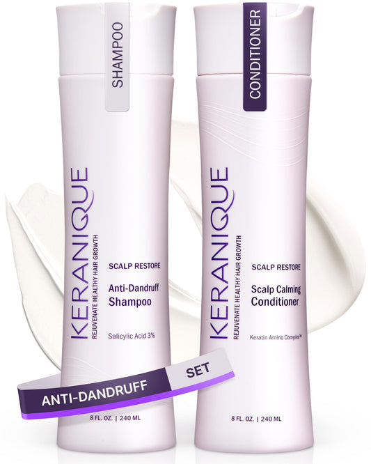 Keranique anti-dandruff shampoo bottle showing scalp relief and refreshed hair.