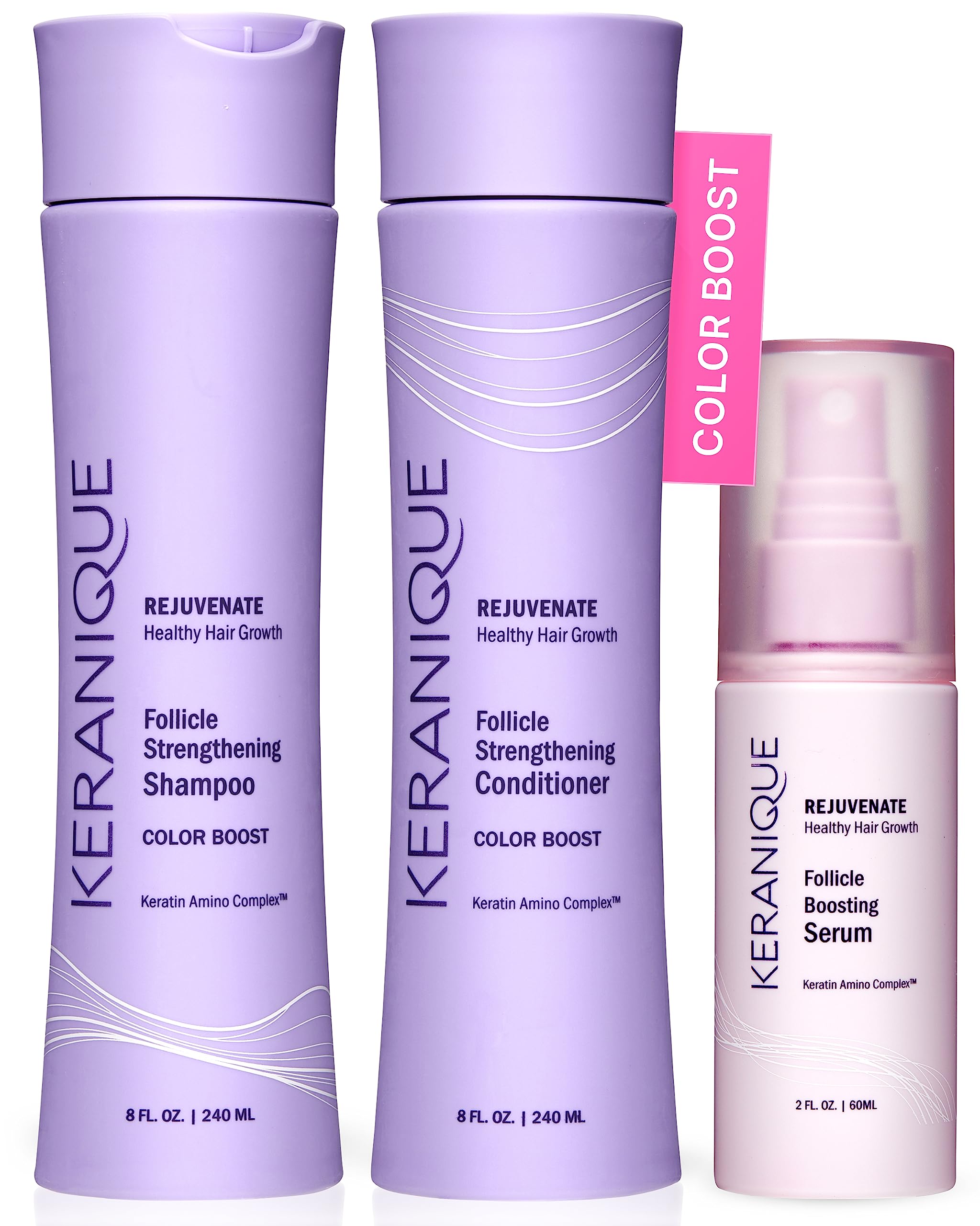 Keranique Color-Treated Shampoo bottle highlighting color protection and vibrant shade.