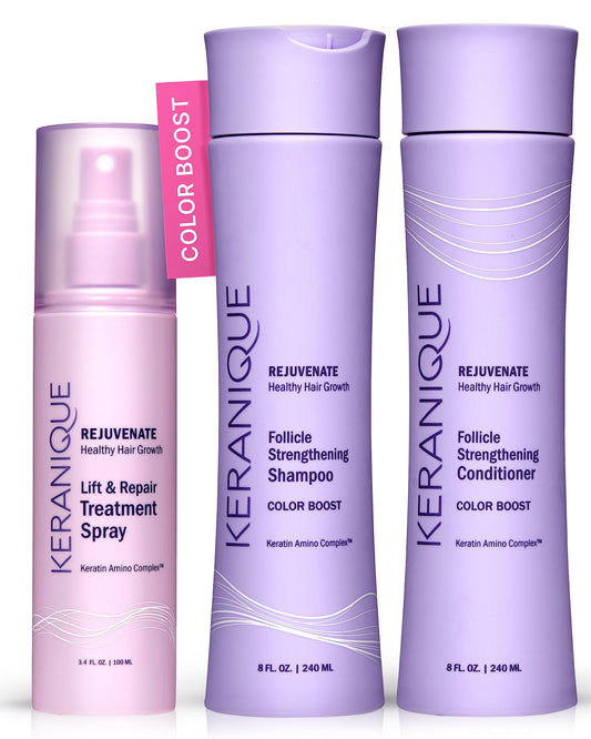Keranique color treated shampoo bottle highlighting color protection and cleansing power.