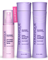 Keranique color treated shampoo bottle highlighting color protection and cleansing power.