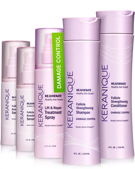 Keranique Damage Control Set shampoo bottle illustrates a sulfate-free formula for smoother, color-treated hair.