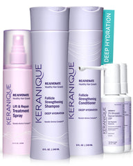 Keranique deep hydration shampoo bottle promotes soft, shiny hair.