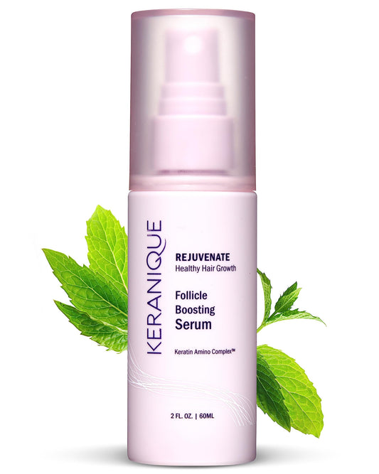 Keranique Hair Thickening Serum bottle applying on scalp for fuller-looking hair.