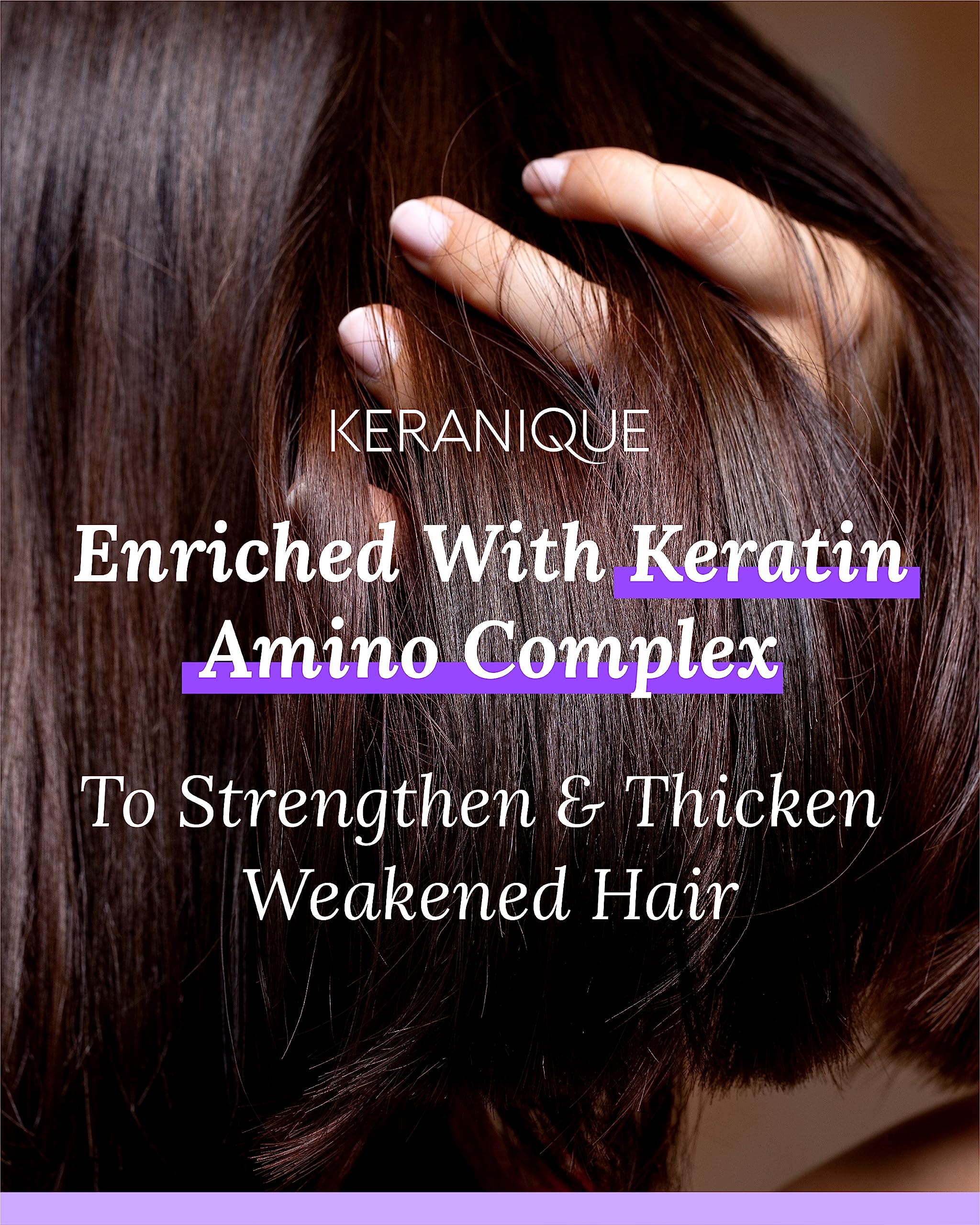 Keranique keratin amino complex bottle promoting thicker-looking strands.