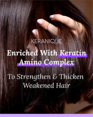 Keranique keratin amino complex bottle promoting thicker-looking strands.