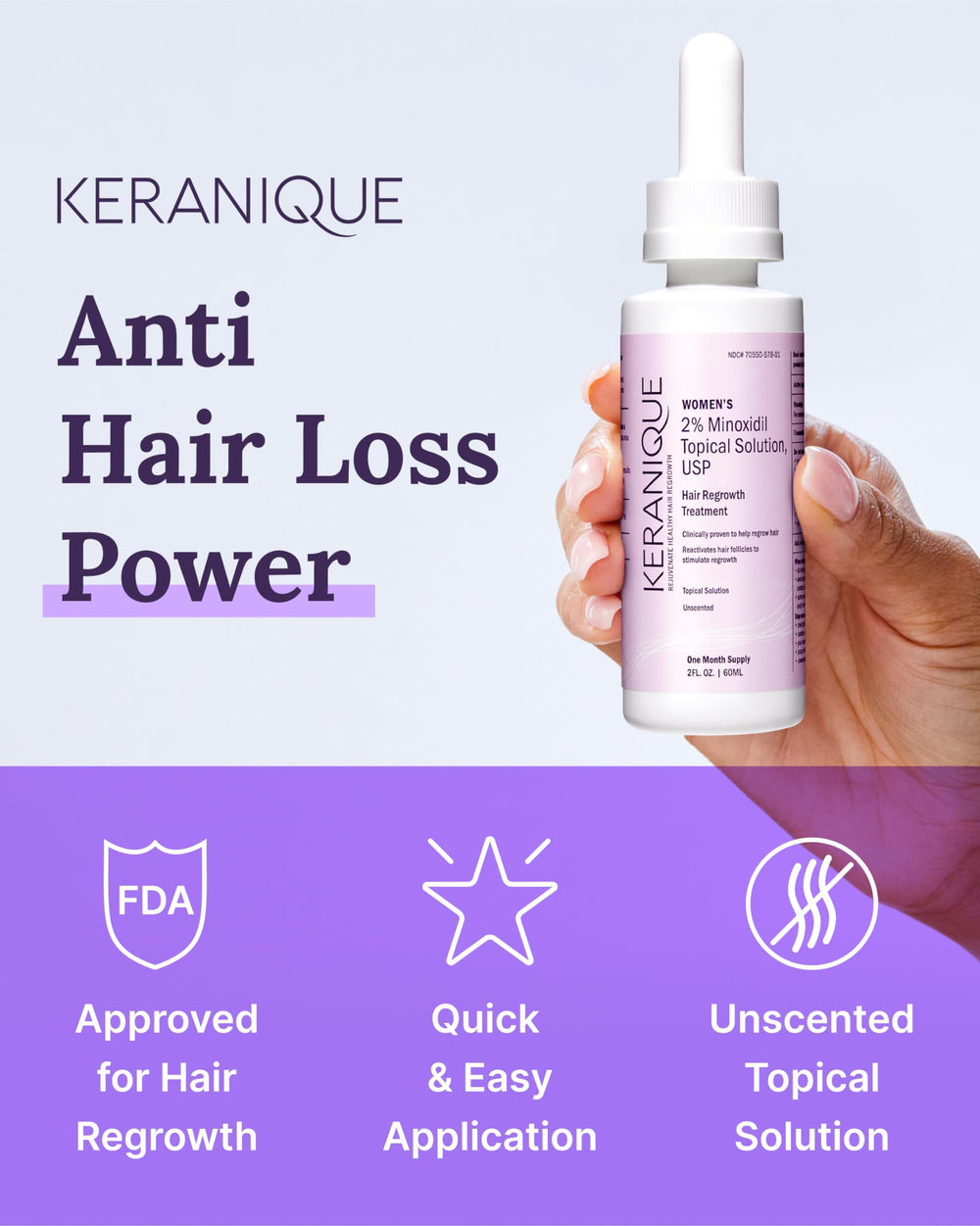 Keranique Minoxidil 2 Percent Solution close-up highlights targeted scalp use.