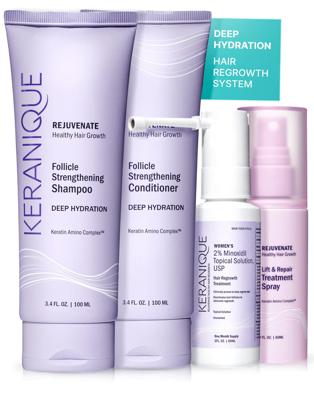 Keranique regrowth system bottle shown for at-home thinning solution with minoxidil