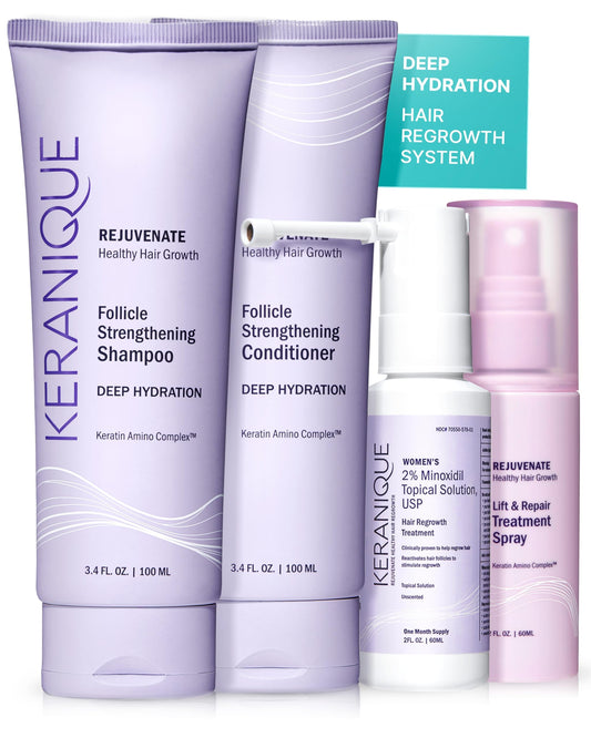 Keranique regrowth system bottle shown for at-home thinning solution with minoxidil