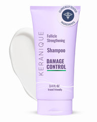 Keranique Shampoo bottle demonstrates damage repair care for dry, damaged hair.