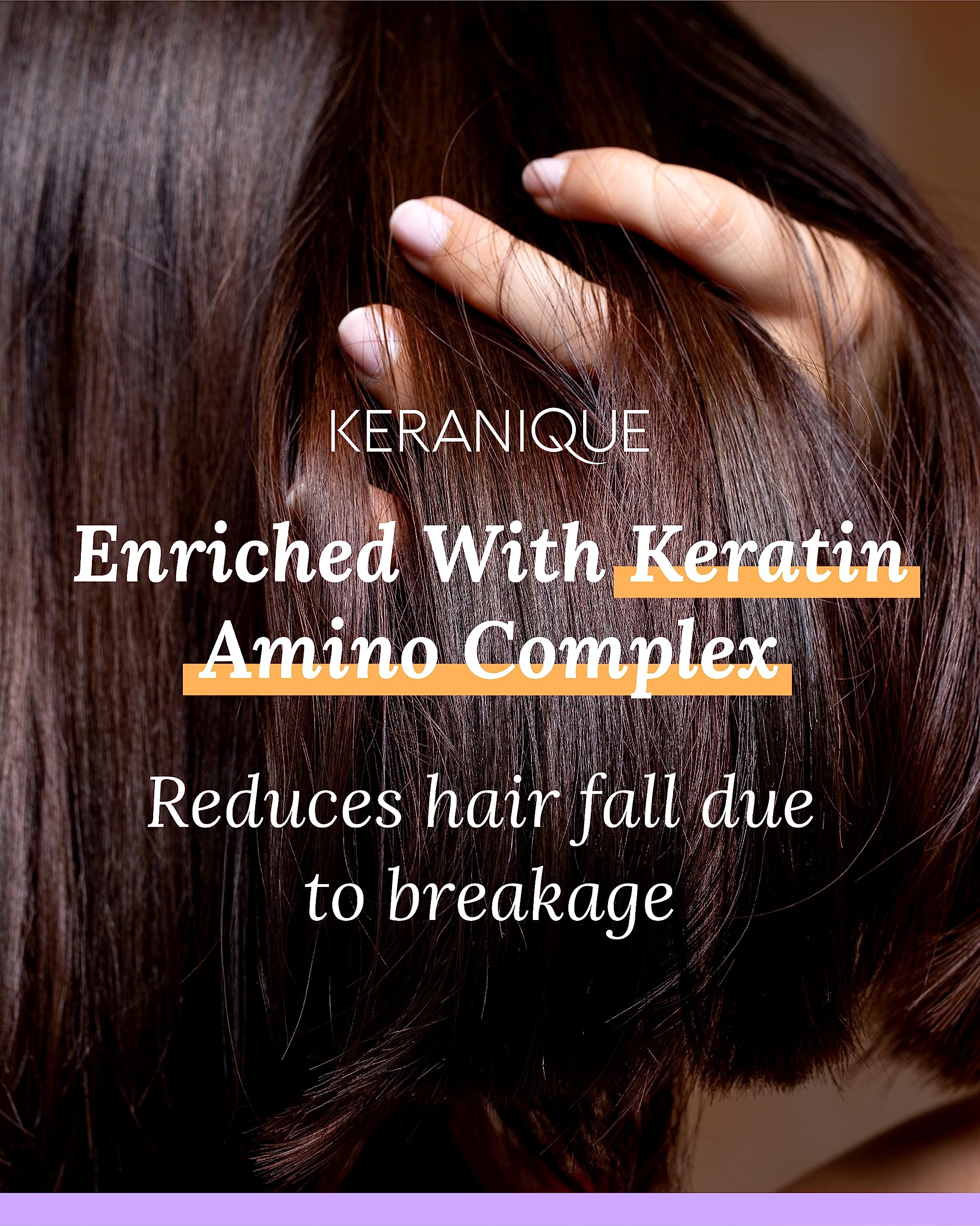 Keranique Keratin Amino Complex graphic emphasizes strengthened, shinier strands