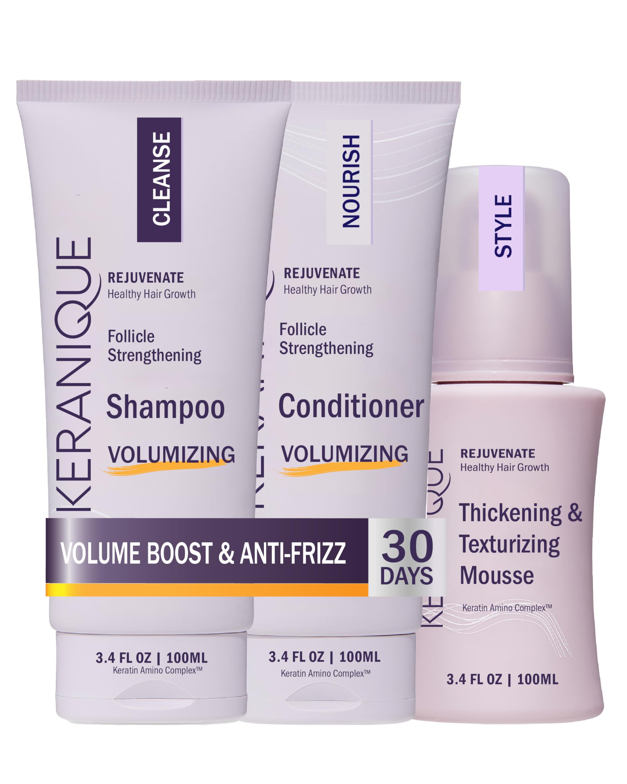Keranique Volume Travel Kit shampoo bottle, boosts fullness and improves hair texture on the go