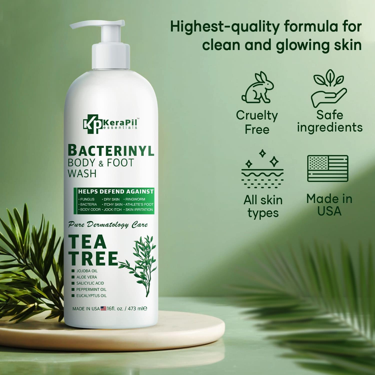 KERAPIL Bacterinyl Tea Tree Oil Body Wash rich foamy lather for deep cleanse