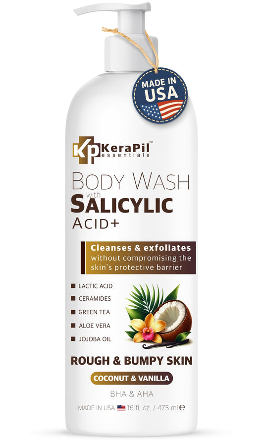 KERAPIL exfoliating body wash bottle pours to start gentle exfoliation.