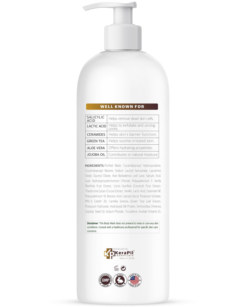 KERAPIL exfoliating body wash used in shower scene during routine.