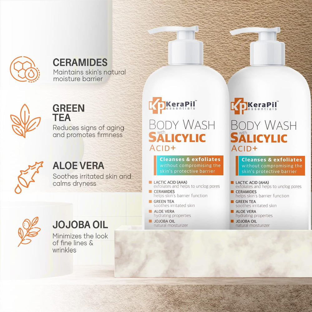 KERAPIL Salicylic Acid Body Wash label closeup highlighting unscented formula
