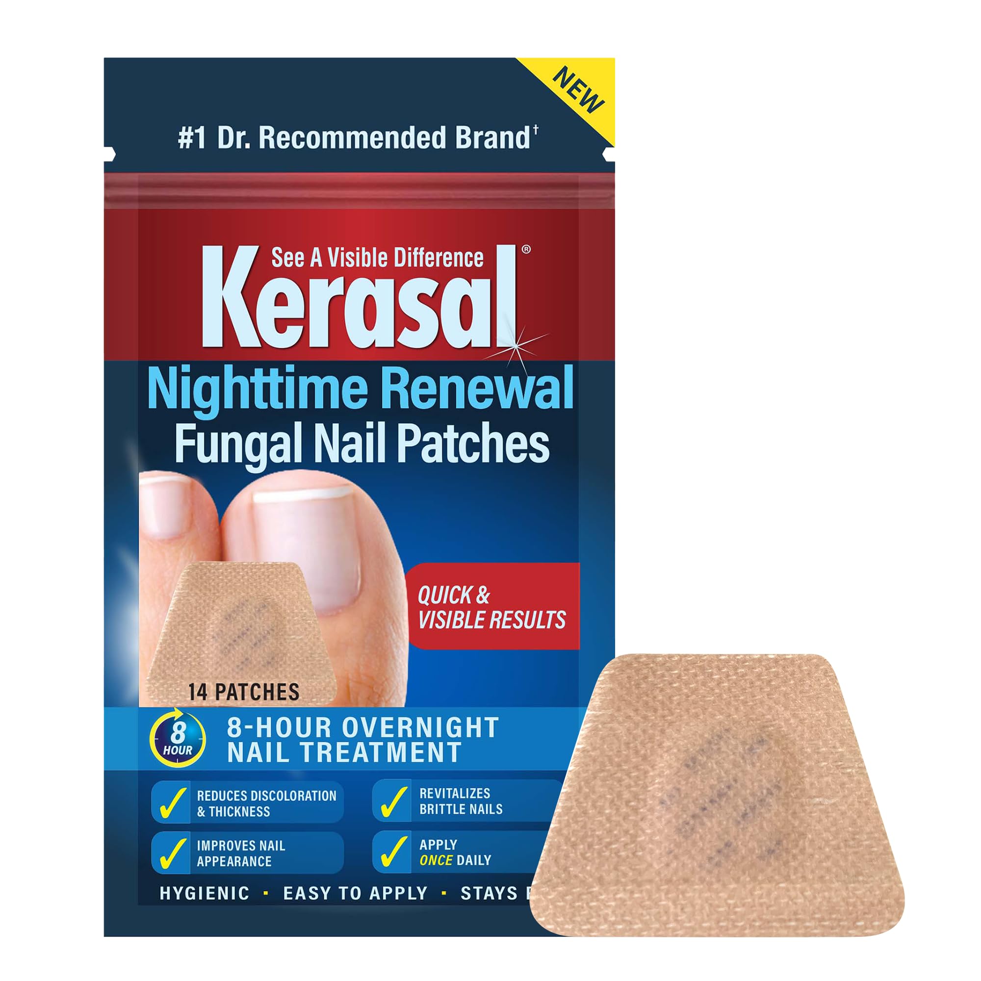 Kerasal Nighttime Renewal Patches pack shot showing 14 patches for overnight nail care
