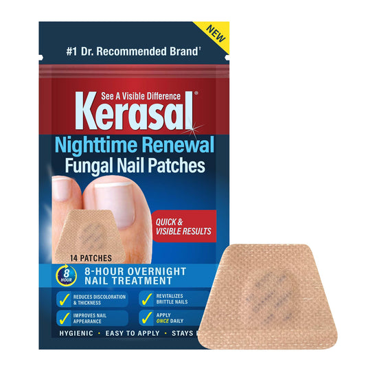 Kerasal Nighttime Renewal Patches pack shot showing 14 patches for overnight nail care