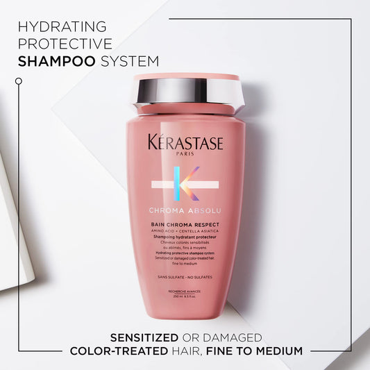 Kérastase Chroma Absolute Chroma Respect shampoo label closeup emphasizes premium formula for sensitized strands.