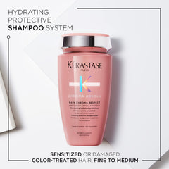 Kérastase Chroma Absolute Chroma Respect shampoo label closeup emphasizes premium formula for sensitized strands.