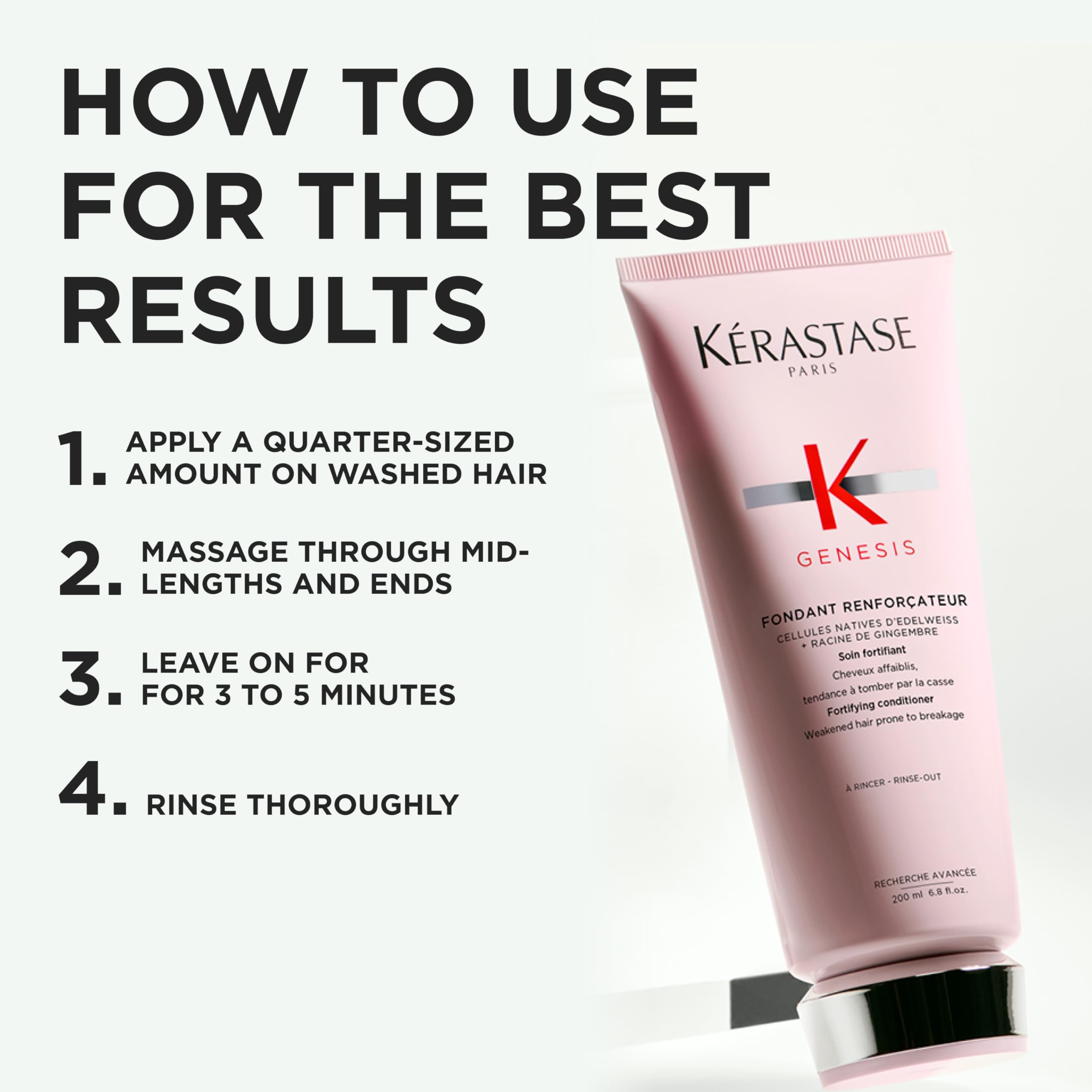 Kerastase Genesis Renforcateur on towel-dried hair application shows how to apply.