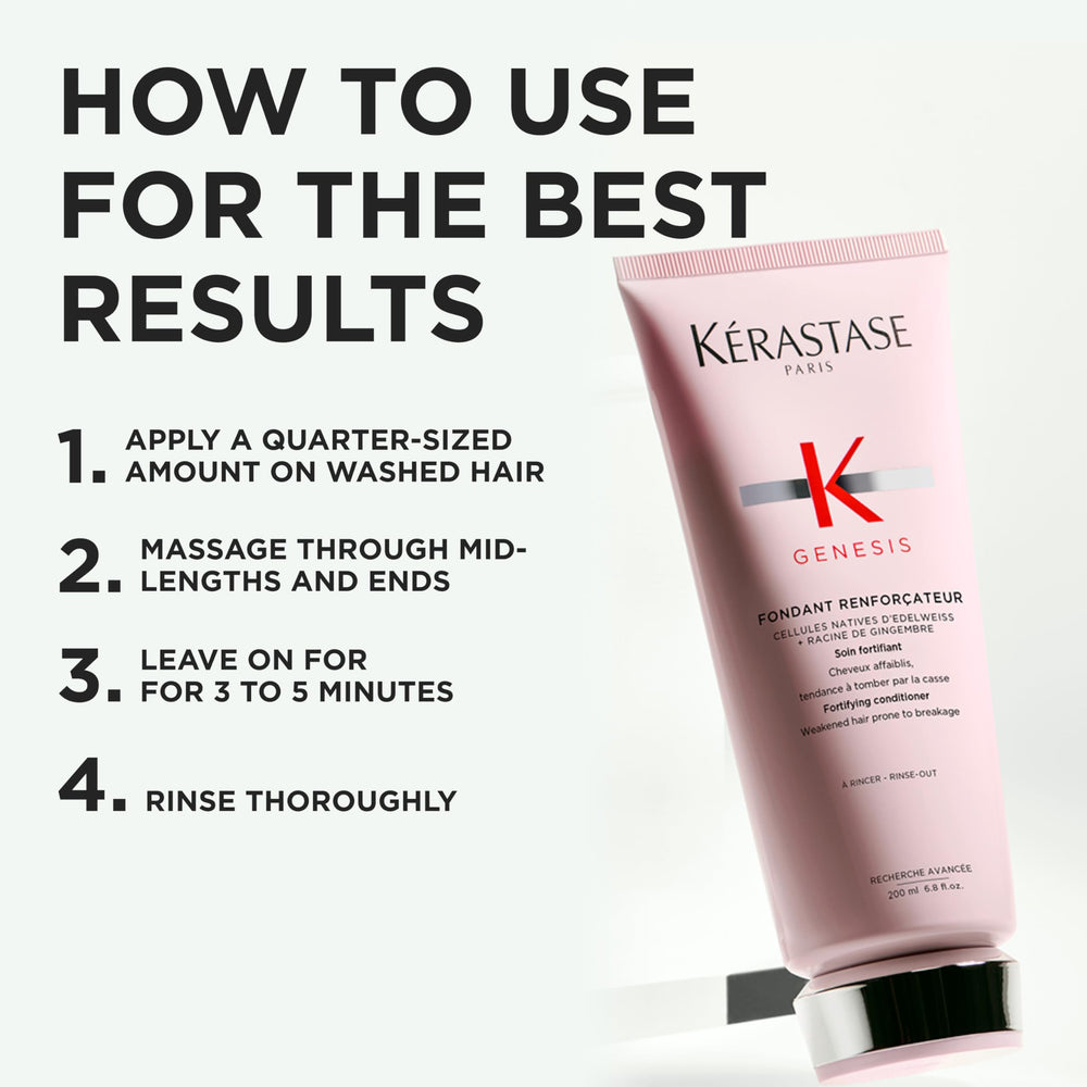 Kerastase Genesis Renforcateur on towel-dried hair application shows how to apply.
