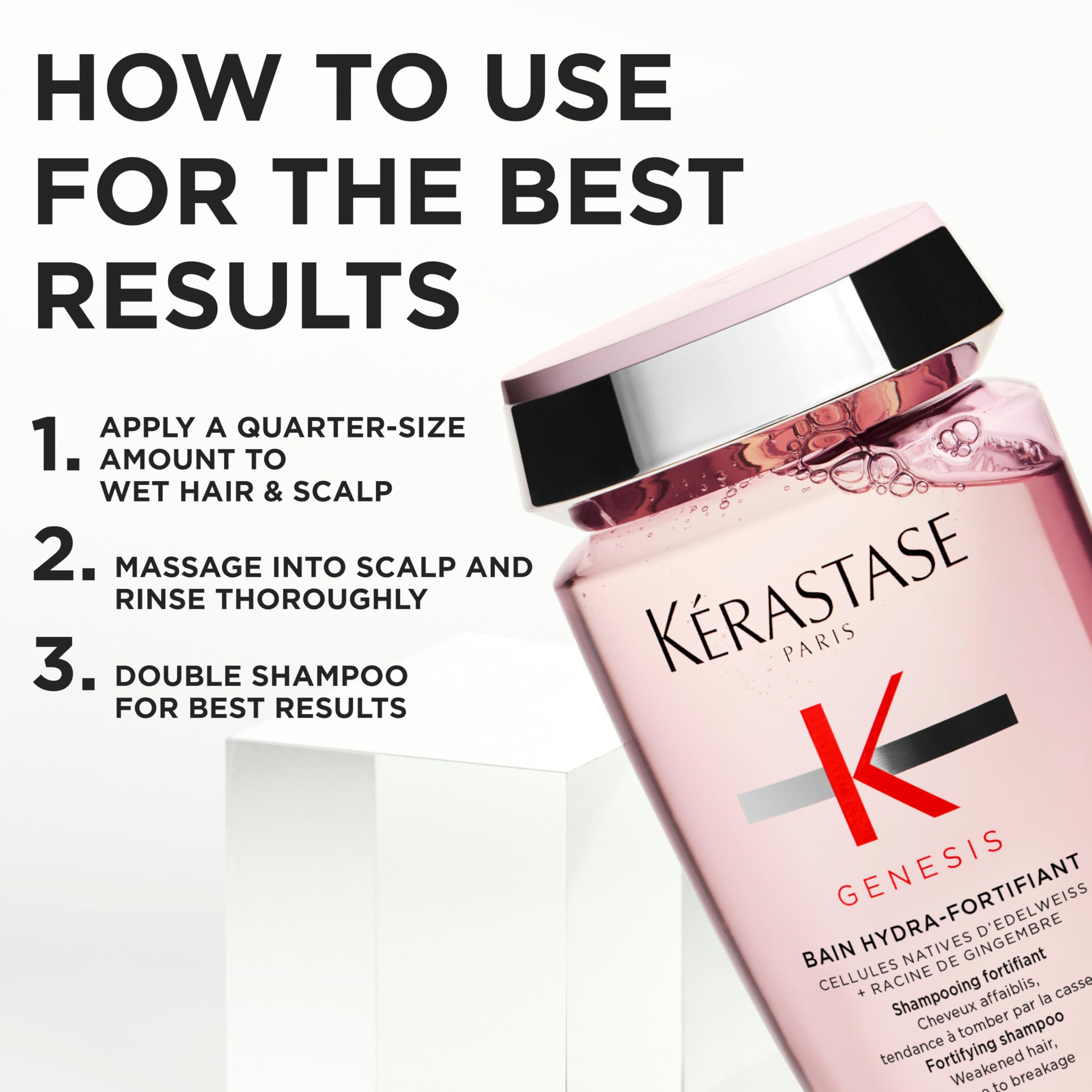 Kerastase Genesis Renforcateur brushing action captured to emphasize detangling support.