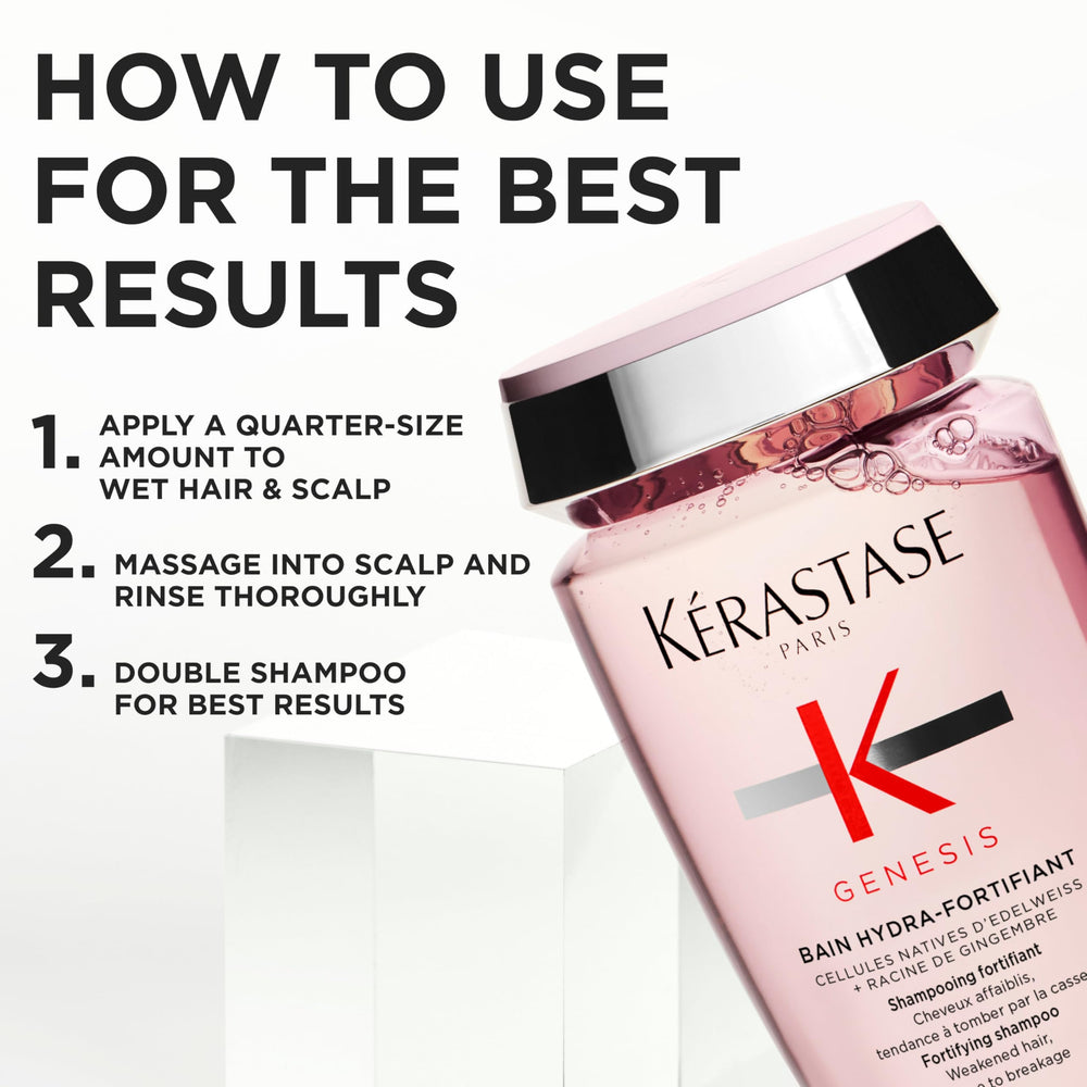 Kerastase Genesis Renforcateur brushing action captured to emphasize detangling support.