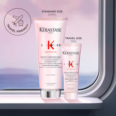 Kerastase Genesis Renforcateur pump close-up shows nourishing hydration for dry hair.