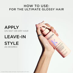 Kerastase Gloss Absolu Glaze Milk finish shot emphasizes glossy smoothness.