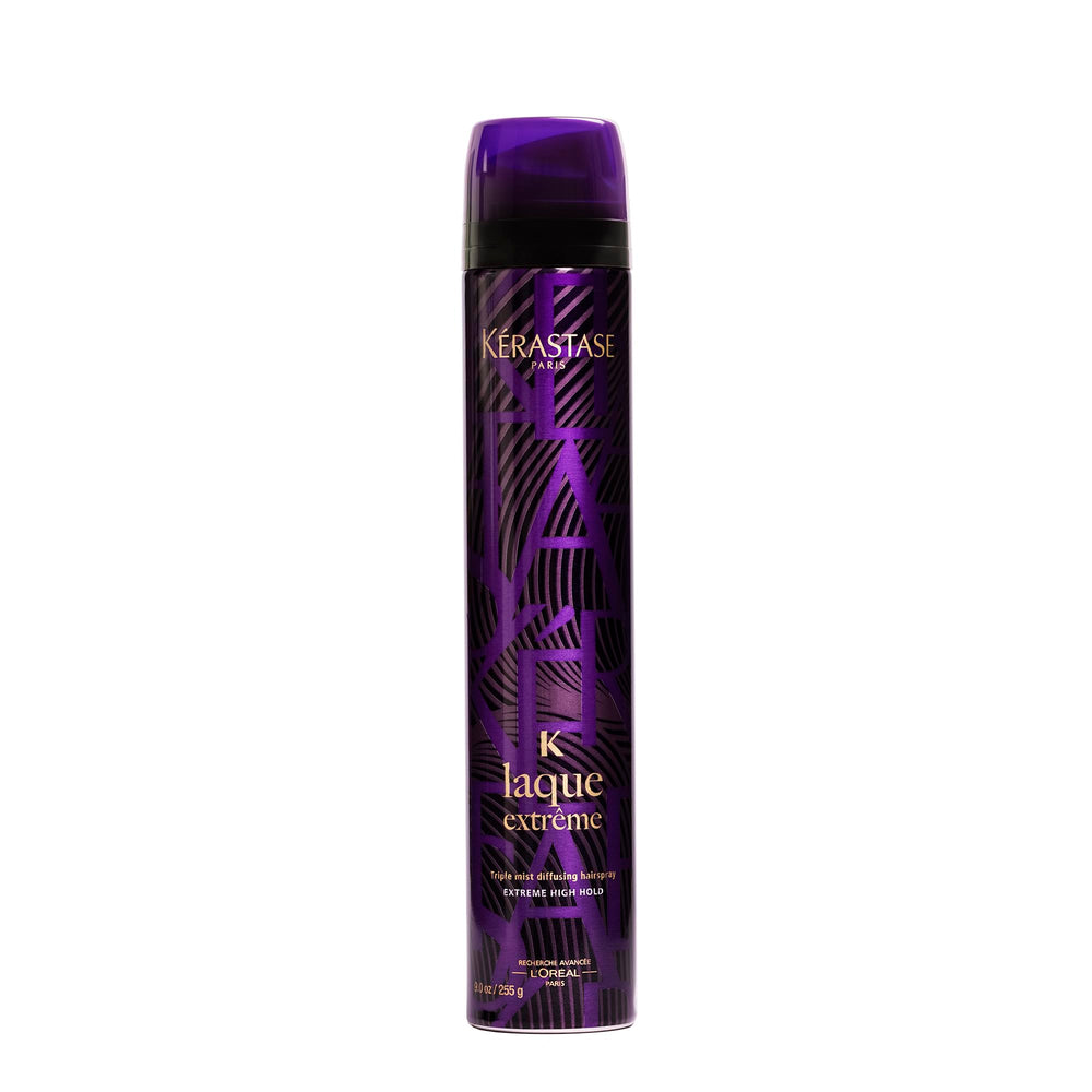 KÉRASTASE Laque Extreme bottle with spray demonstrates long-lasting hold and humidity protection.